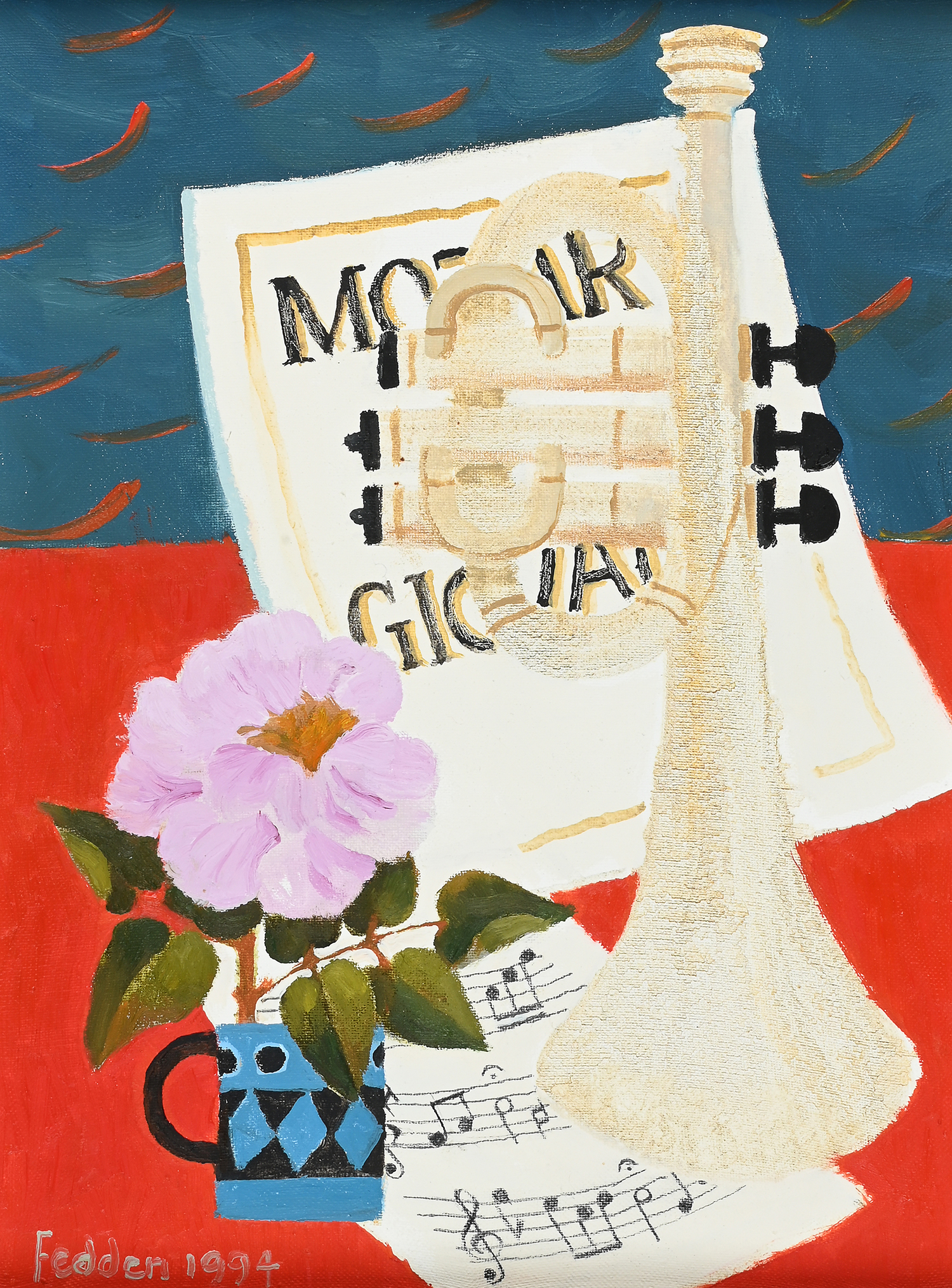 Inline Image - Lot 134: Mary Fedden (British 1915-2012), ‘Don Giovanni by Mozart, Still Life with Trumpet, Sheet Music and Flower in a Mug’, Oil on canvas | Sold for £24,570