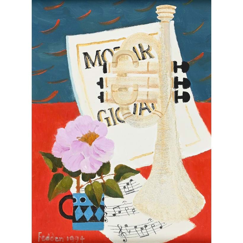 Inline Image - Lot 134: Mary Fedden (British 1915-2012), ‘Don Giovanni by Mozart, Still Life with Trumpet, Sheet Music and Flower in a Mug’, Oil on canvas | Sold for £24,570