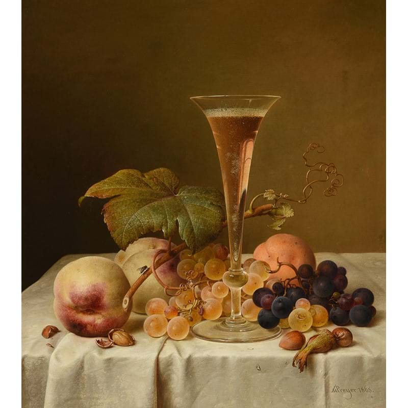 Johann Wilhelm preyer (German 1803-1889) ‘Still life with grapes, peaches, apricot, hazelnuts, a champagne flute and a fly on a draped ledge’ Oil on canvas Signed and dated 1865 (lower right)