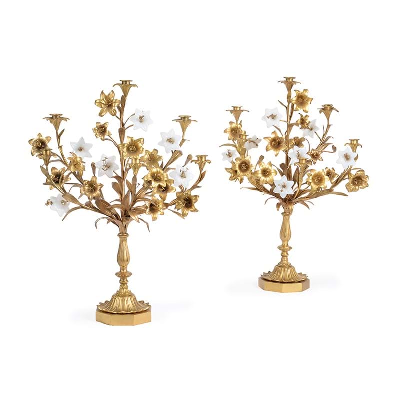 A pair of French ormolu and glass mounted six-light candelabra, late 19th/early 20th century