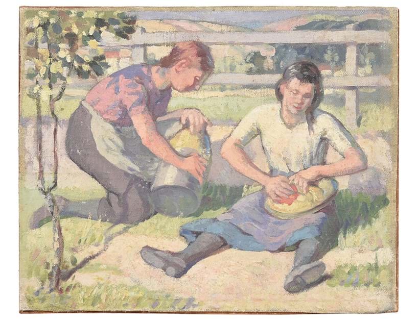 Inline Image - Lot 140: ‘Two farm girls at work seated in the orchard’, Harold Dearden, Oil on canvas laid on board, unframed | Est. £300-500 (+ fees)