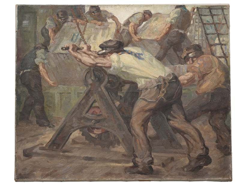 Inline Image - Lot 139: ‘Workmen’, Harold Dearden, Oil on canvas, unframed | Est. £400-600 (+ fees)