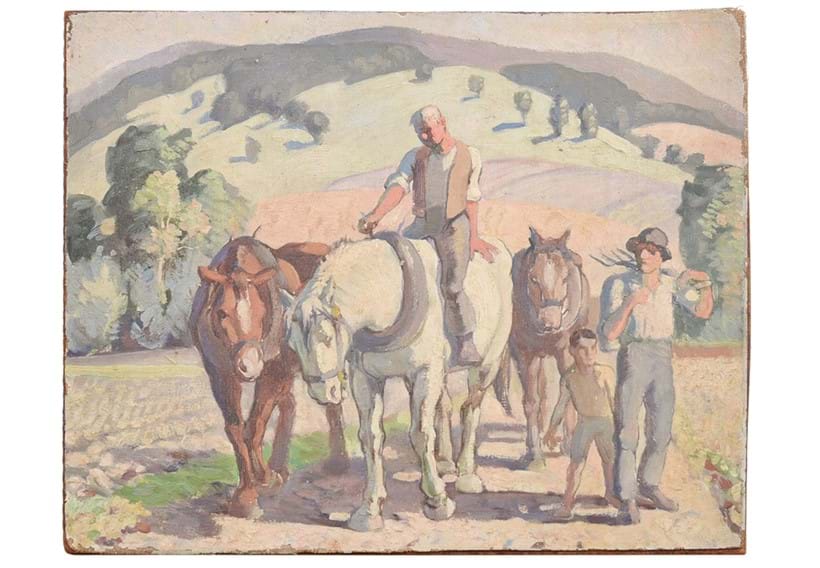 Inline Image - Lot 137: ‘A study of farmers and working horses in a field’, Harold Dearden, Oil on canvas laid on board, unframed | Est. £300-500 (+ fees)