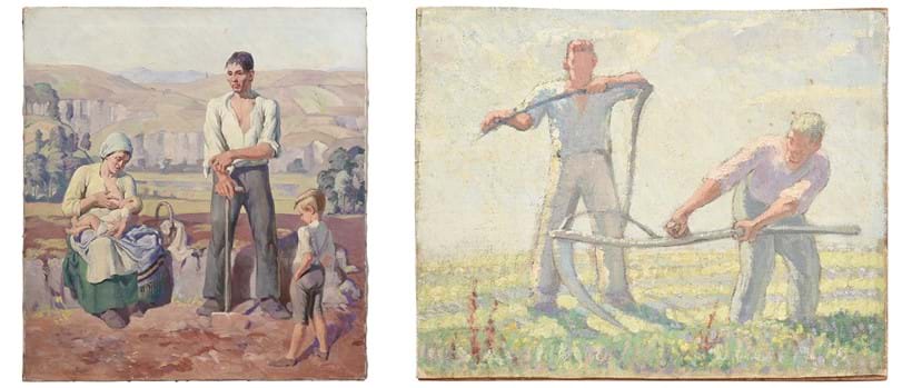 Inline Image - Lot 136: ‘A farmer and his family’, Harold Dearden, Oil on canvas, unframed | Est. £600-800 (+ fees) and Lot 138: ‘Study of two men scything’, Harold Dearden, Oil on canvas laid on board, unframed | Est. £300-500 (+ fees)