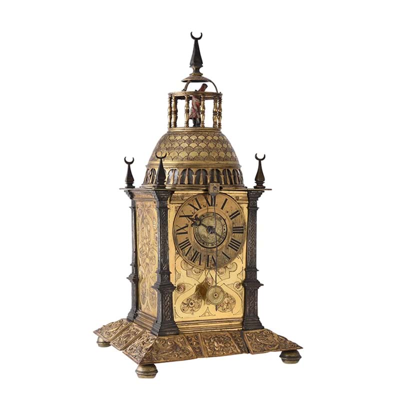 A fine German Renaissance gilt copper, steel and brass alarm table clock with automaton stamped with maker's initials A.S. possibly for Abrahan Schuster, Augsberg, circa 1580