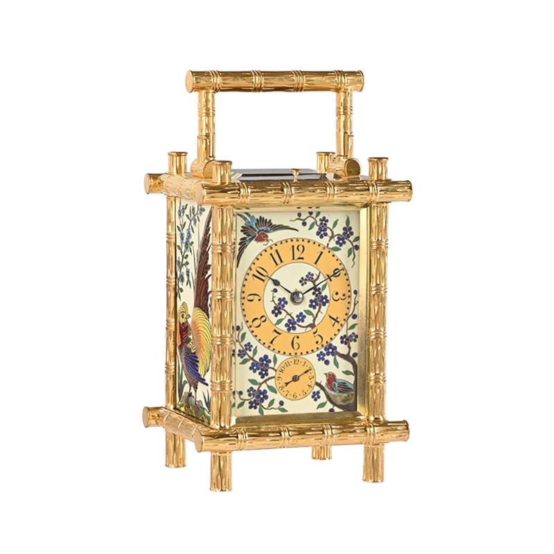 A fine French gilt bamboo repeating alarm carriage clock with relief Cloissonné enamel panels, Drocourt, Paris, late 19th century