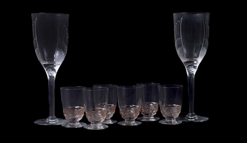 Inline Image - Lot 367: Lalique, Rene Lalique, Pouilly, a set of six frosted and brown stained art deco liqueur (Madeira) glasses, second quarter 20th century | Est. £200-300 (+ fees)