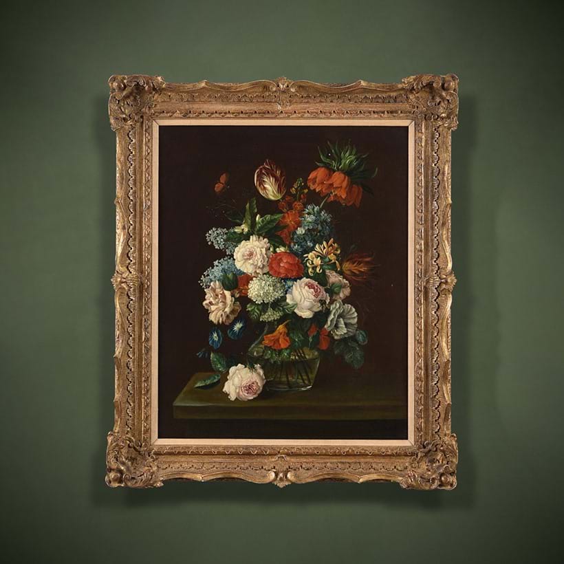 Inline Image - Circle of Cornelis Johannes de Bruyn, 'Still Life, a Bee and Butterfly on Flowers'
