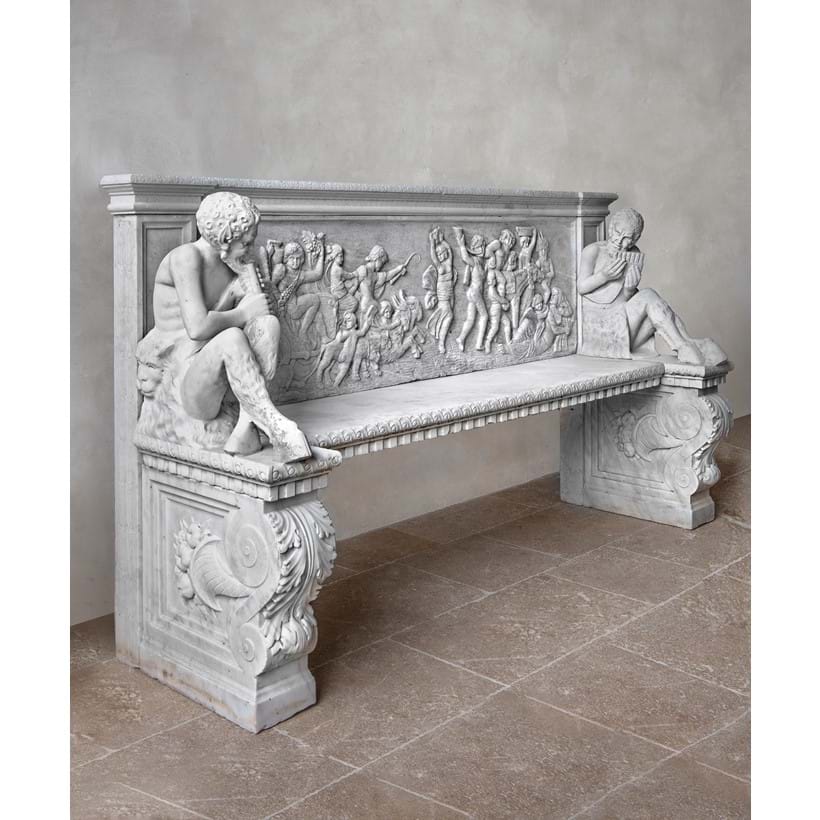 Inline Image - Lot 146: ‡ A rare and impressive sculpted and carved white marble neoclassical bench, late 19th century Italian, probably Florentine | Est. £30,000-50,000 (+ fees)