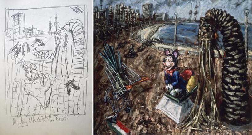 Inline Image - (Left) Lot 5: Preliminary sketch for 'Mickey Mouse at the Front' by John Keane 1991, Est. £500-700 (+ fees) | (Right) © Mickey Mouse at the Front, IWM, London (please note that this is not included in the auction)