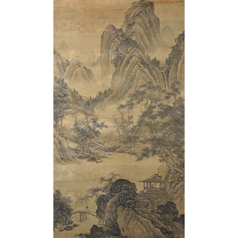 † Shen Shuo (16th-17th century), Landscape and scholars, ink and colour on silk