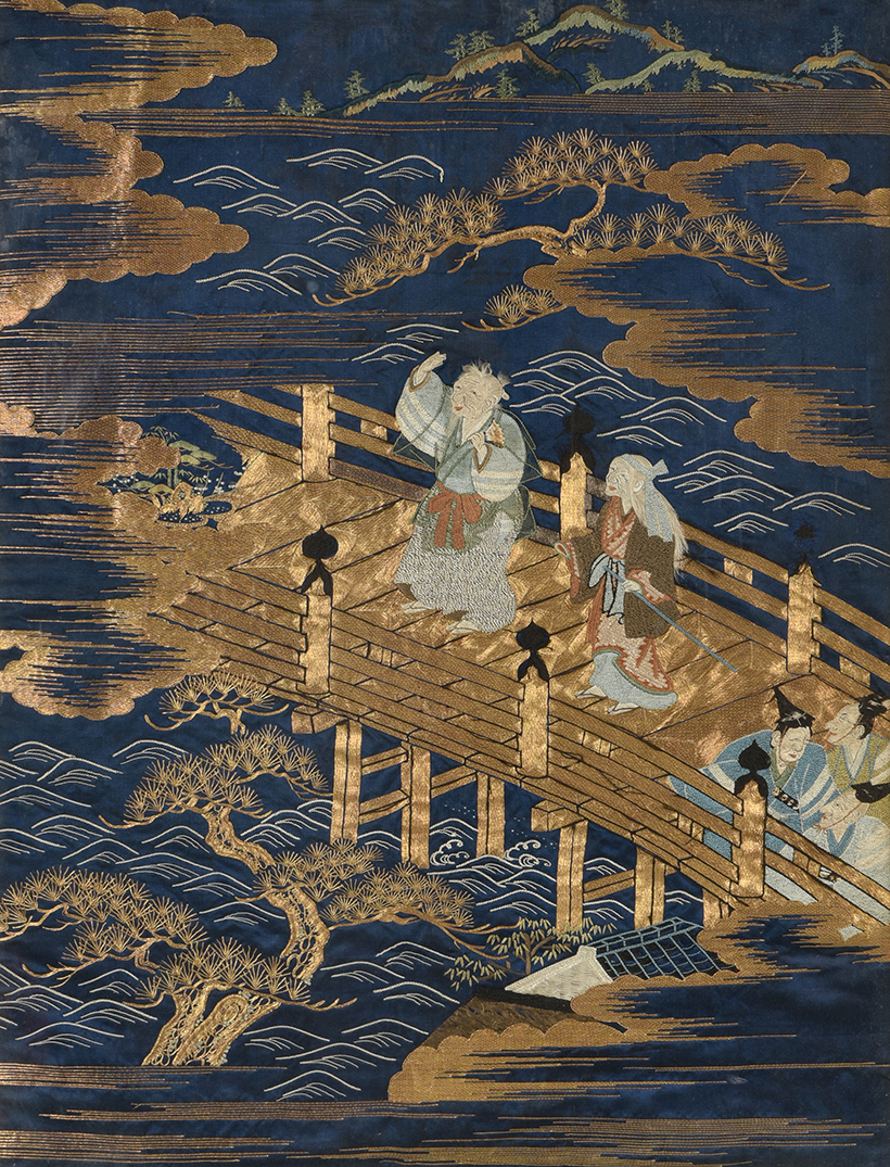 Inline Image - Lot 617: A Japanese Fukusa, Meiji Period, the blue ground embroidered 'Jo and Uba' on a bridge with other figures fleeing | Est. £300-500 (+ fees)