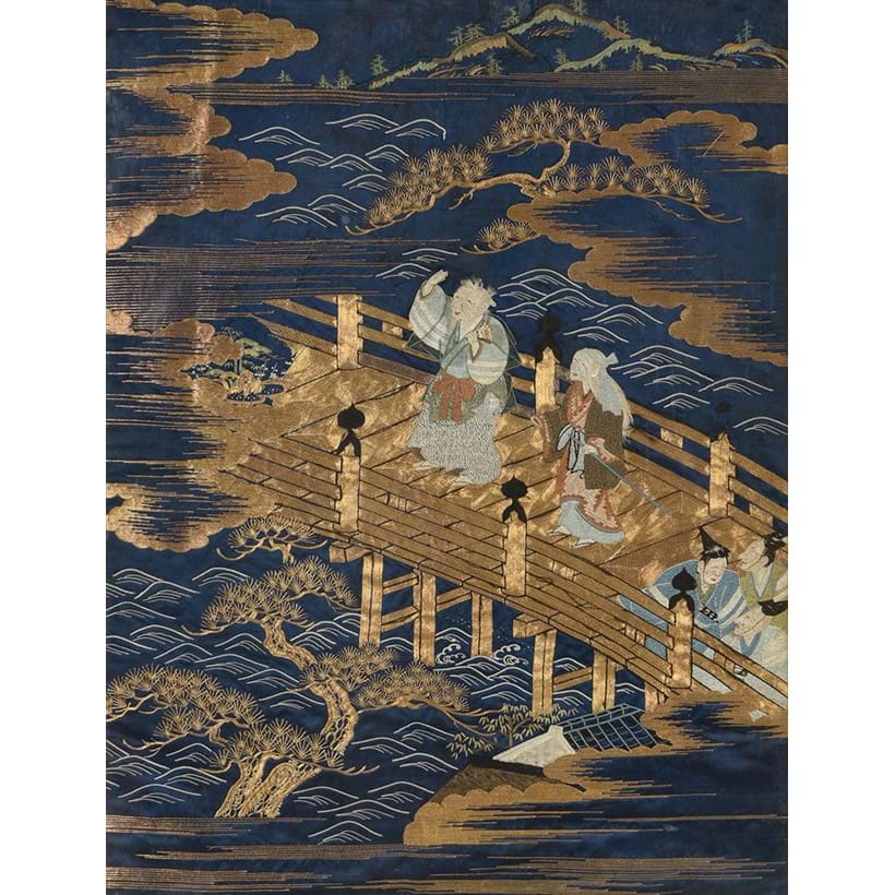 Inline Image - Lot 617: A Japanese Fukusa, Meiji Period, the blue ground embroidered 'Jo and Uba' on a bridge with other figures fleeing | Est. £300-500 (+ fees)