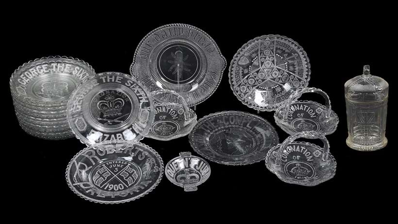 Inline Image - Lot 6: A selection of English commemorative clear press-moulded glass | Est. £100-200 (+ fees)