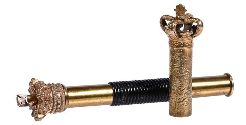 Inline Image - Lot 458: Y A Victorian brass and ebony tipstaff, circa 1870; together with a George IV gilt brass tipstaff tip, dated 1828 | Est. £500-800 (+ fees)