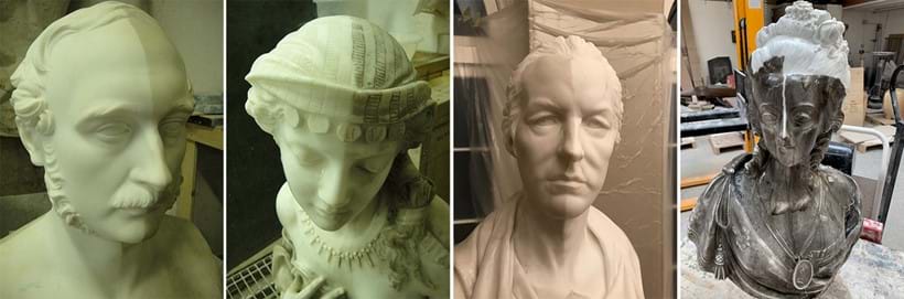 Inline Image - Various marble busts showing them half way through professional precision cleaning. Final black image is a biscuit bust of Marie Antoinette retrieved from a fire, just beginning to get the same cleaning treatment.