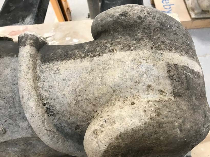 Inline Image - The haunch of a stone lion, too black and not attractive, improved here with a light clean which can then green up again as desired.