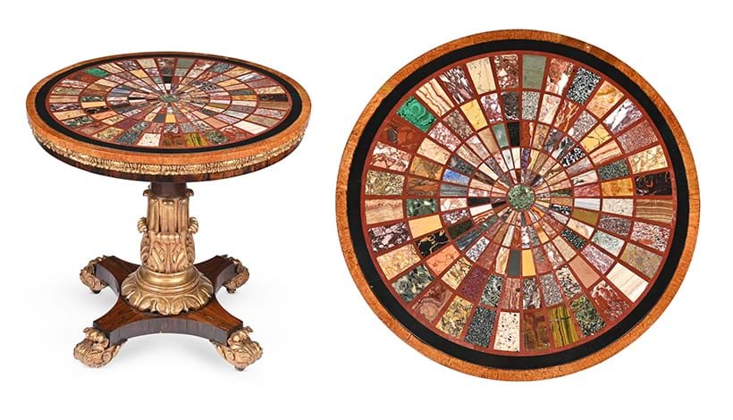 Inline Image - Lot 268: A George IV rosewood, 'bird's eye' maple, parcel gilt and specimen marble pedestal table, circa 1825 | Est. £12,000-£18,000 (+ fees)