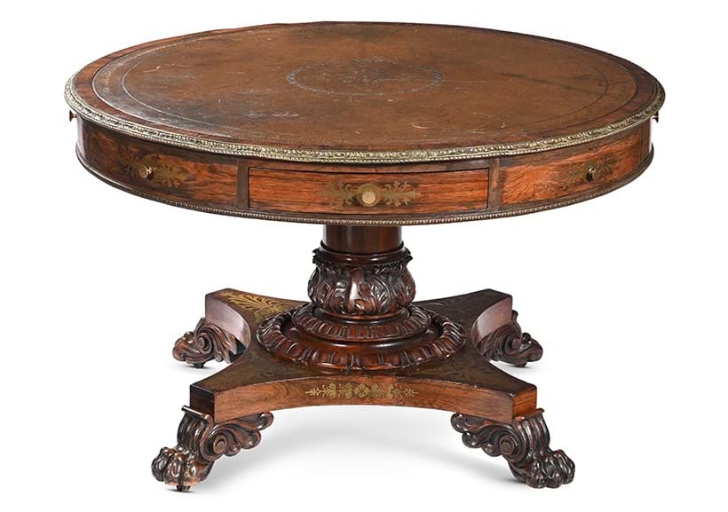 Inline Image - Lot 362: a George IV rosewood and brass marquetry drum library table in the manner of George Bullock, circa 1825 | Est. £5,000-£8,000 (+ fees)