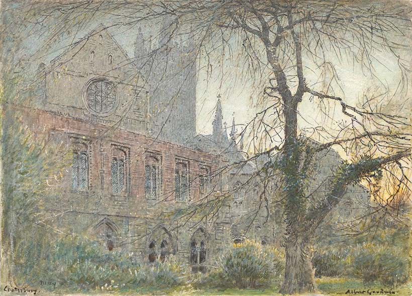 Inline Image - Lot 143: Albert Goodwin (British 1845-1932), 'Canterbury', Watercolour and bodycolour, heightened with white and some scratching out | Est. £1,500-2,000 (+ fees)