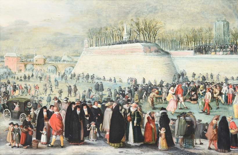 Inline Image - Lot 38: Workshop Of Sebastian Vrancx (Belgian 1573-1647), A winter carnival with figures on the ice before the Kipdorppoort Bastion in Antwerp, Oil on panel | Est. £20,000-30,000 (+ fees)
