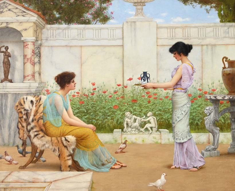 Inline Image - Lot 104: John William Godward (British 1861-1922), A Birthday Present, Oil on canvas | Est. £80,000-120,000 (+ fees)