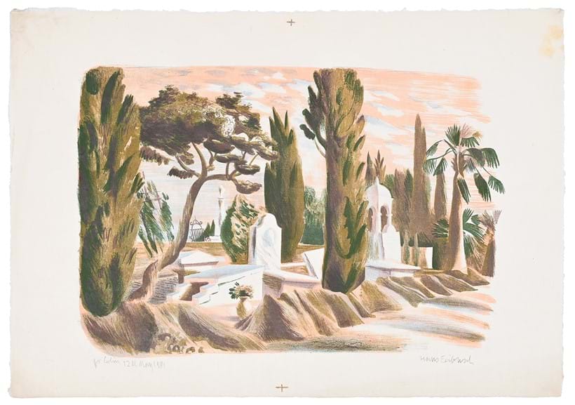 Inline Image - Hans Feibusch (German 1898-1998), 'The Cemetery', Lithograph printed in colours | Est. £50-80 (+ fees)