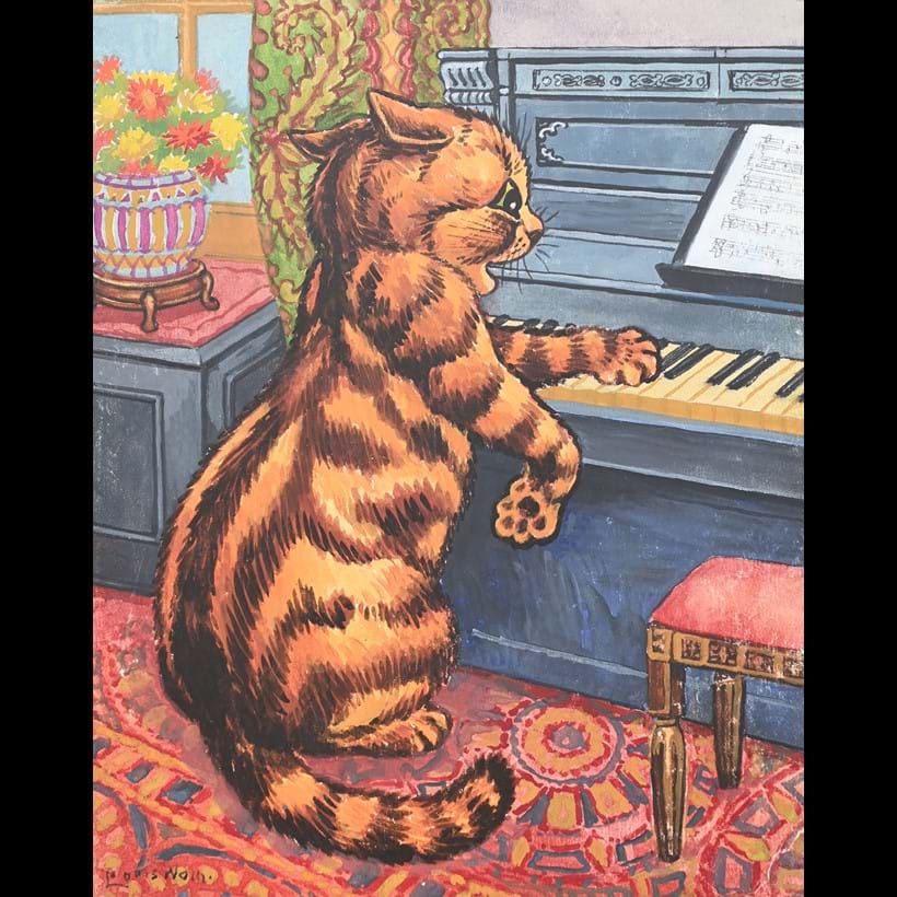 Inline Image - Lot 109: Louis Wain (British 1860-1939), ‘Cat at a Piano’, Watercolour and gouache | Est. £1,500-2,000 (+ fees)