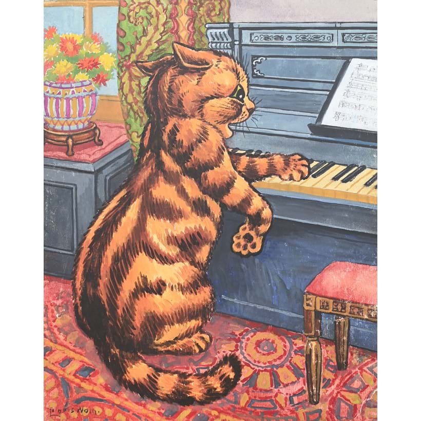 Inline Image - Lot 109: Louis Wain (British 1860-1939), ‘Cat at a Piano’, Watercolour and gouache | Est. £1,500-2,000 (+ fees)