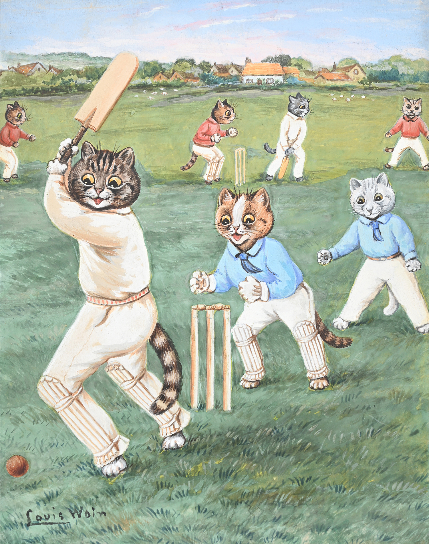 Inline Image - Lot 114: Louis Wain (British 1860-1939), ‘Cricket on the Village Green’, Watercolour, ink and gouache | Est. £1,500-2,000 (+ fees)