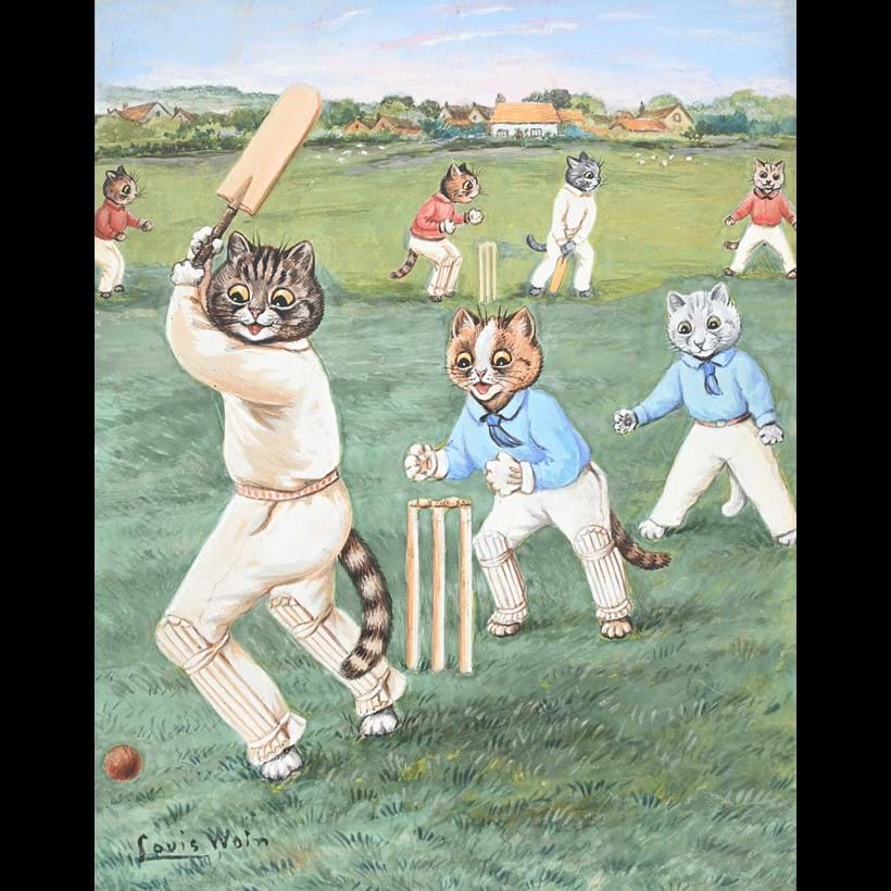 Inline Image - Lot 114: Louis Wain (British 1860-1939), ‘Cricket on the Village Green’, Watercolour, ink and gouache | Est. £1,500-2,000 (+ fees)