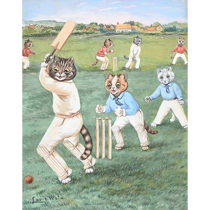 Inline Image - Lot 114: Louis Wain (British 1860-1939), ‘Cricket on the Village Green’, Watercolour, ink and gouache | Est. £1,500-2,000 (+ fees)