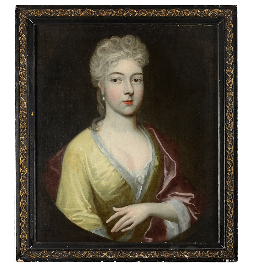 Inline Image - Lot 27: English School (Early 18th Century), Portrait Of A Lady, Wearing A Yellow Silk Dress, In A Painted Oval, Oil On Canvas | Est. £500-700 (+ fees)