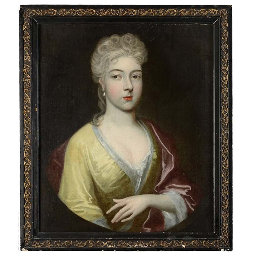 Inline Image - Lot 27: English School (Early 18th Century), Portrait Of A Lady, Wearing A Yellow Silk Dress, In A Painted Oval, Oil On Canvas | Est. £500-700 (+ fees)