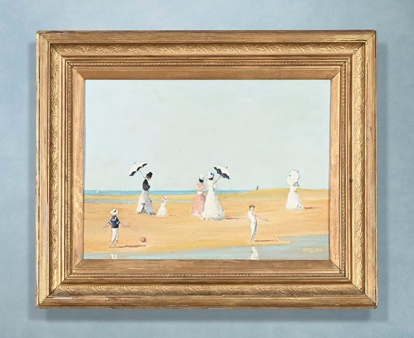 Inline Image - λ Lot 75: Jack Hoggan (B. 1951) (Jack Vettriano), Beach Scene, Ladies With Parasols And Children Playing On The Beach, Oil On Canvas-Board | Est. £600-800 (+ fees)