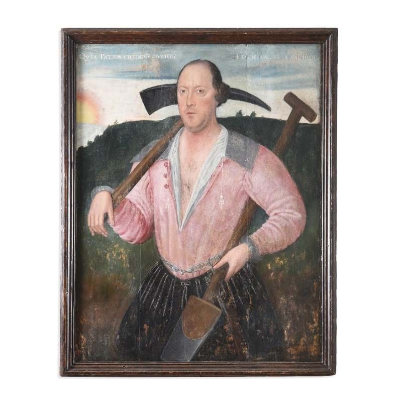 English School (Early 17th Century), Portrait Of A Man With A Pickaxe And A Spade In A Landscape