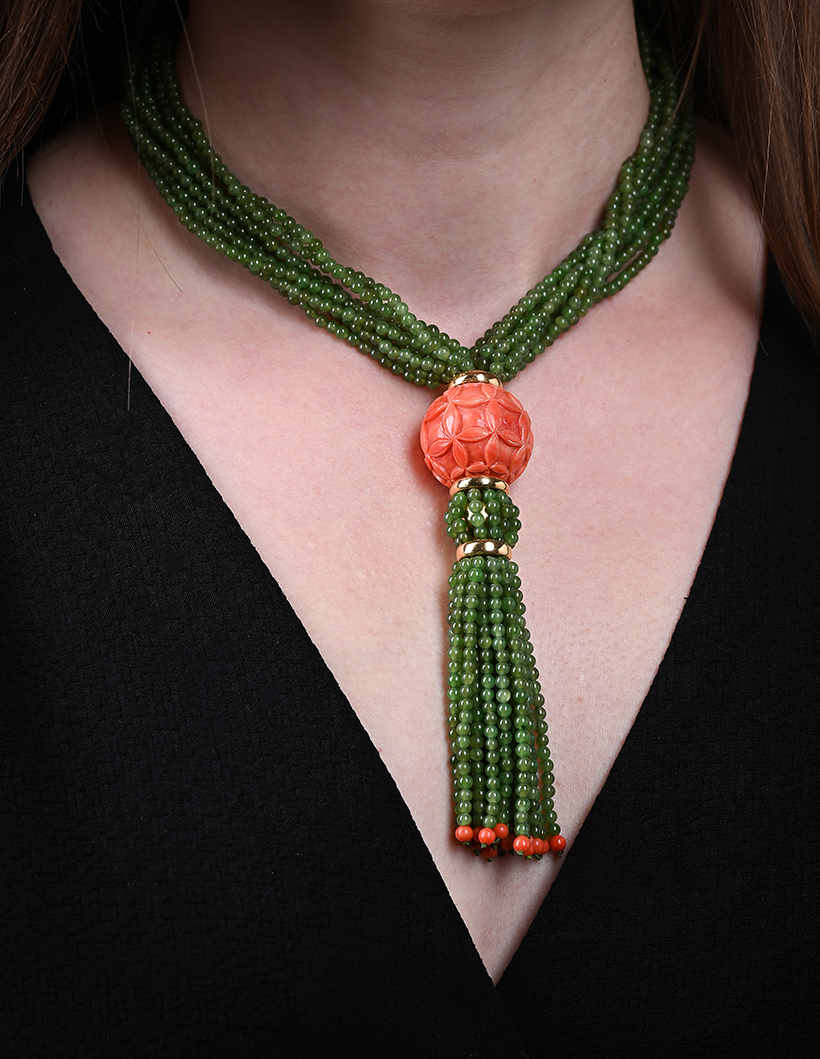 Inline Image - Lot 231: French coral and nephrite bead necklace | Est. £800-1,200 (+ fees)