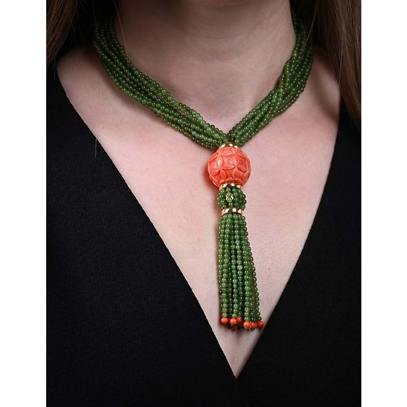 Inline Image - Lot 231: French coral and nephrite bead necklace | Est. £800-1,200 (+ fees)