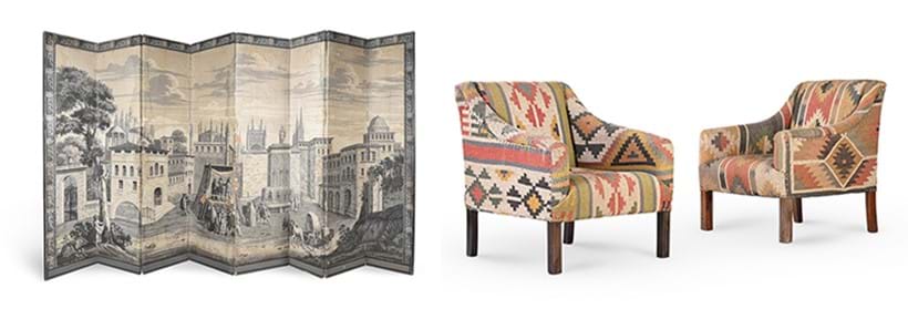 Inline Image - Lot 94: A French printed ten-fold screen, second half nineteenth century | Est. £800-1,200 (+ fees) & Lot 9: A pair of kilim upholstered armchairs, by Anouska Hempel | Est. £700-1,000 (+ fees)