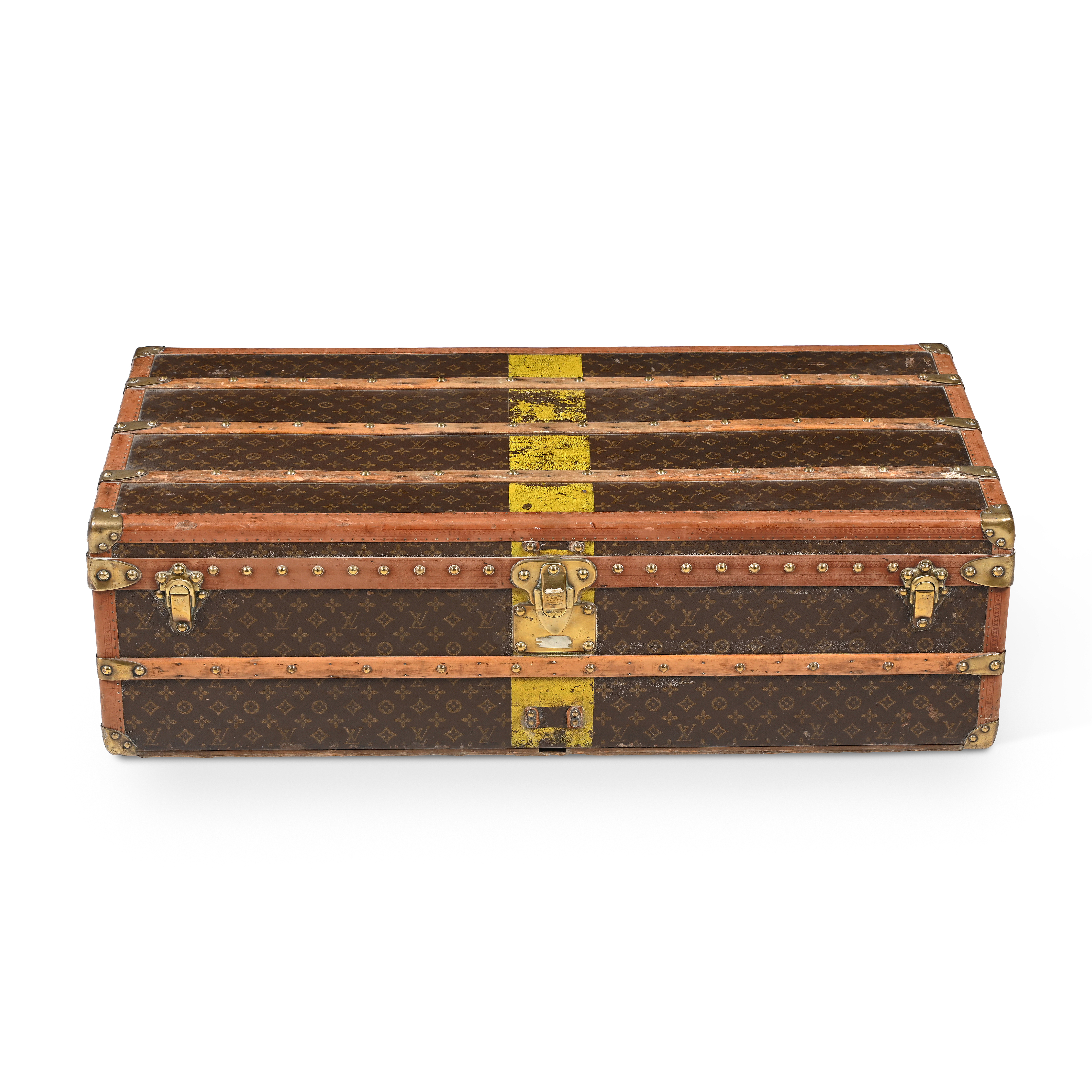A jacquard chevron coated canvas travelling trunk, E. Goyard, 20th century