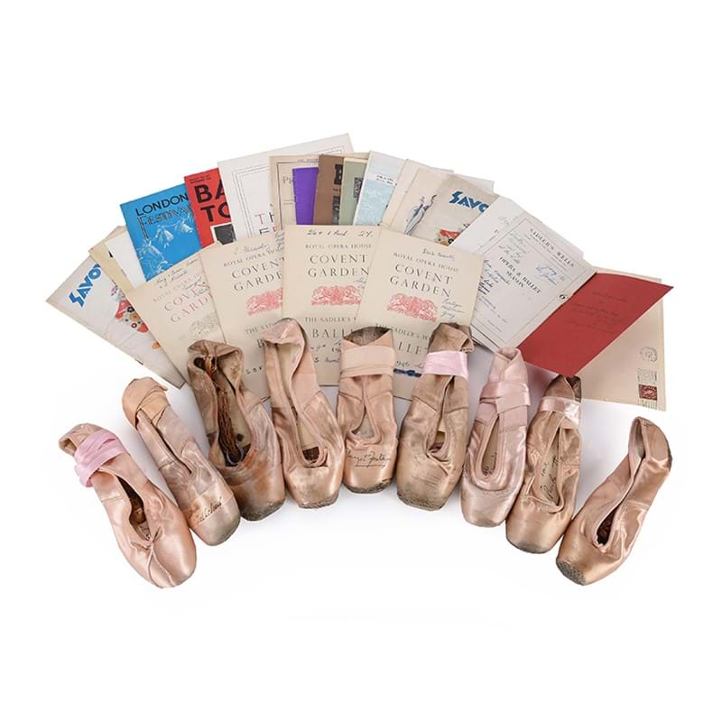 A large collection of ballet pointe shoes autographed by prominent ballerinas, 1940s and 1950s