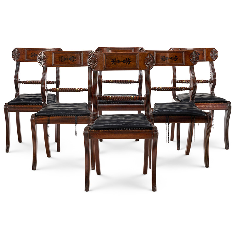 Y A set of six Scottish Regency ebony-inlaid mahogany chairs, circa 1820, in the manner of William Trotter