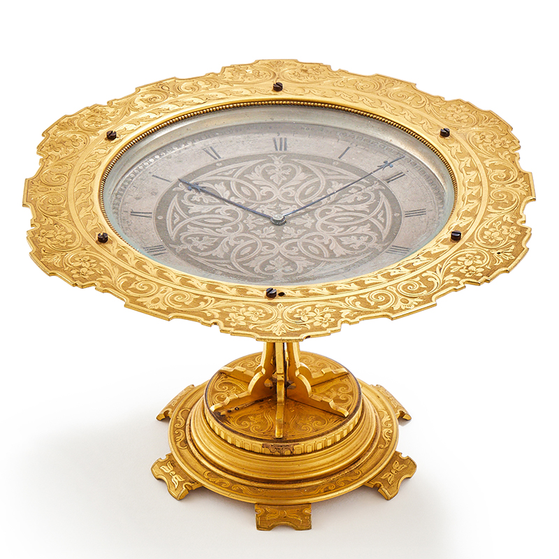 A very rare Victorian engraved gilt brass desk timepiece in the form of a Tazza, circa 1855-60