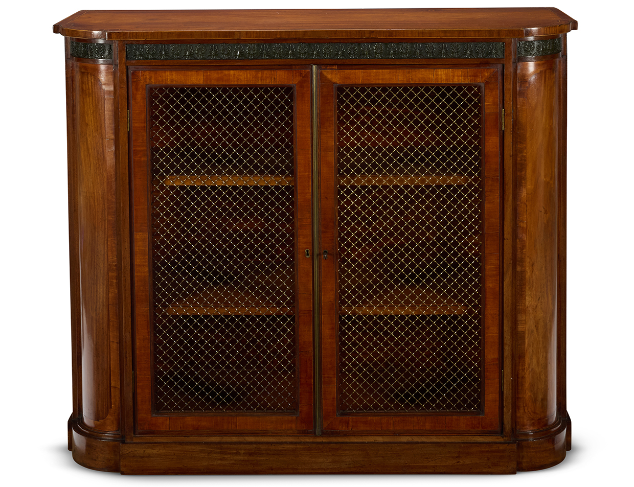 Lot 48 A LATE GEORGE III SATINWOOD, INDIAN ROSEWOOD AND BRONZED D SHAPED SIDE CABINET, CIRCA 1800