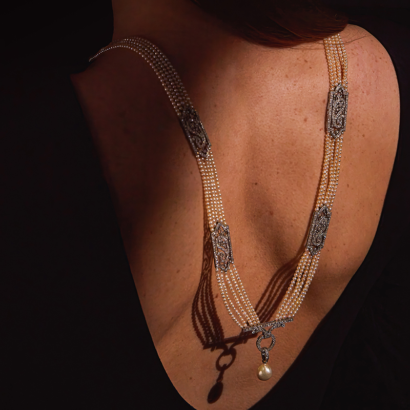 Chaumet, a natural pearl, seed pearl and diamond sautoir circa 1920s