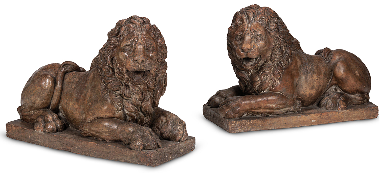 A Large Pair Of Recumbent Terracotta Lions
