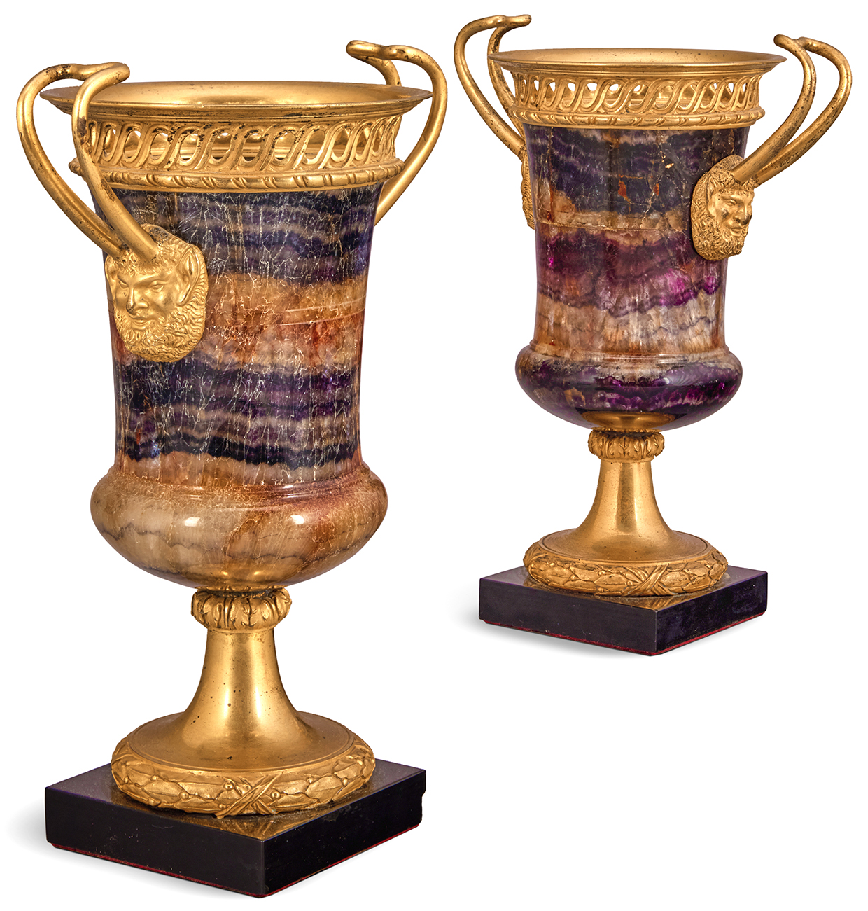 Lot 105 A PAIR OF GILT BRONZE MOUNTED BLUE JOHN URNS, CIRCA 1800:1820