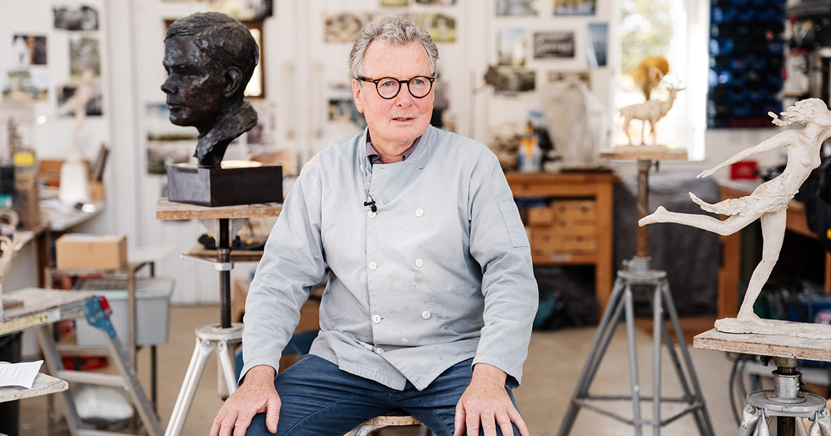 British sculptor David Williams-Ellis in his Cotswolds studio