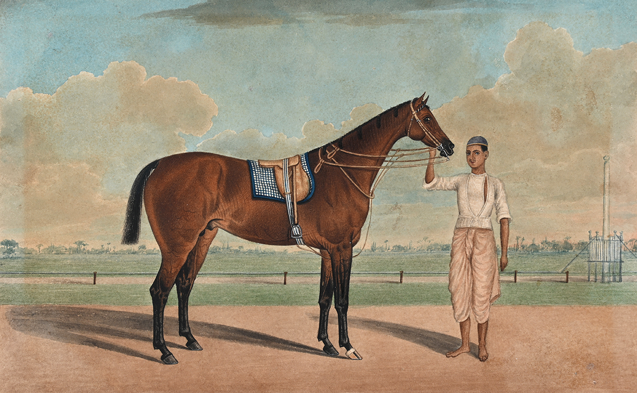 Lot 176 STUDIO OF SHAIKH MUHAMMED OF AMIR KARRAYA (FL. 1830 1850) A WHITE STALLION WITH A GROOM; AND A BAY HORSE WITH A GROOM