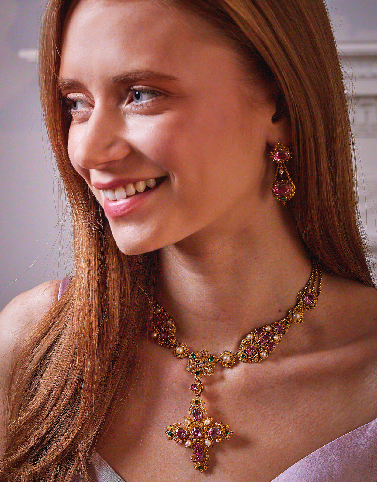 A Regency Pink Topaz, Diamond, Half Pearl And Emerald Matched Suite